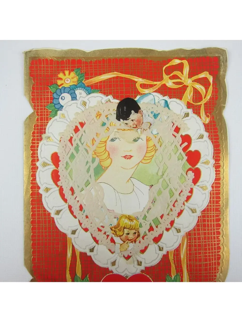 Antique Valentine Art Deco Blonde Girls Boy Flowers Gold Embossed Die cut Bifold